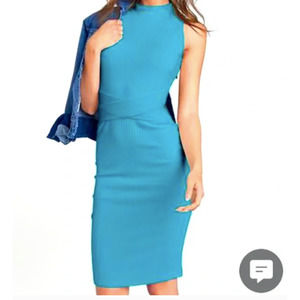 NWT Aqua Blue Ribbed Bodycon Dress Mock Neck by VENUS Cross Waist Sexy